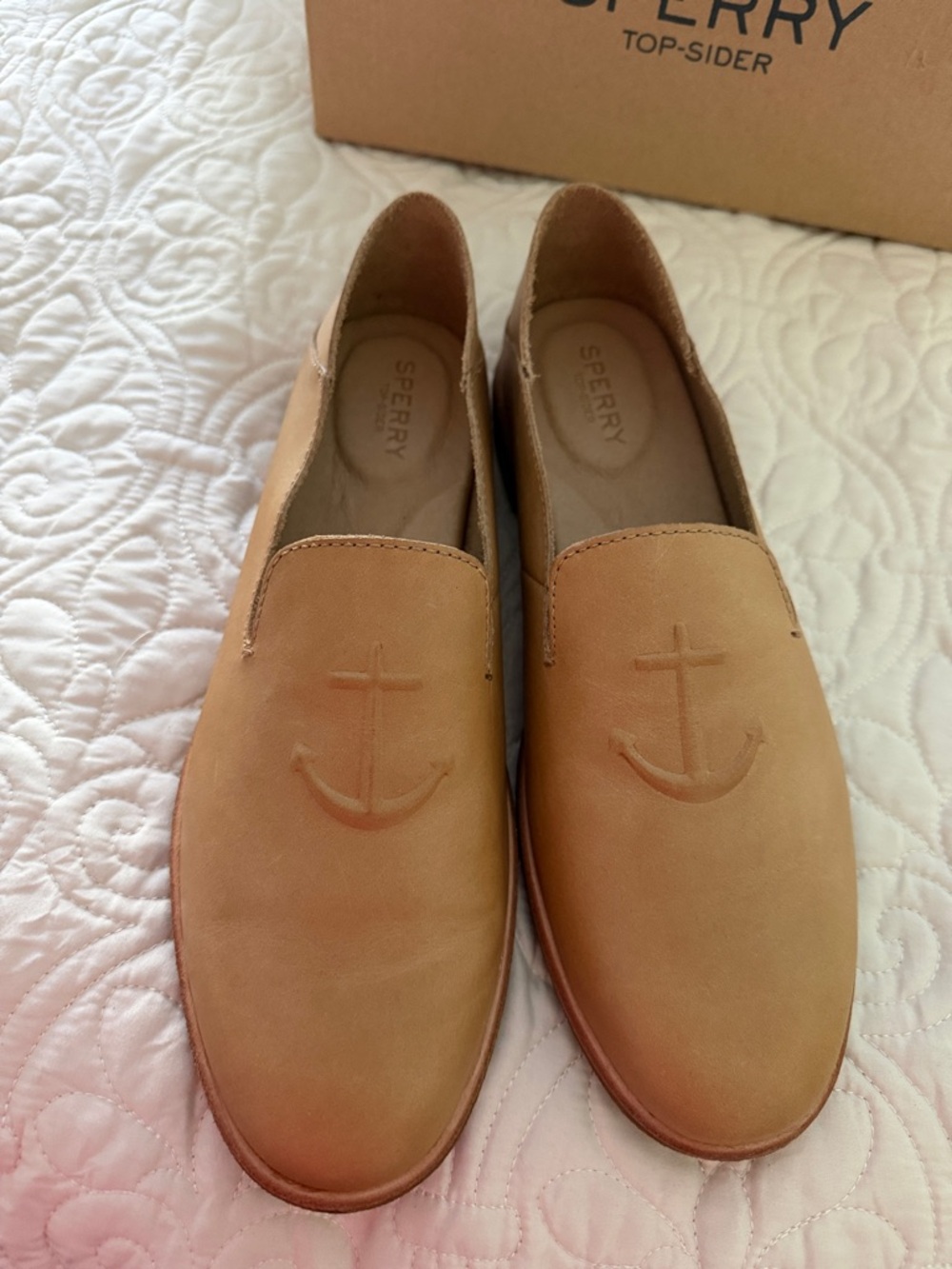 Sperry Tan Leather Slip-On Loafers with Embossed Anchor - Picture 2 of 6